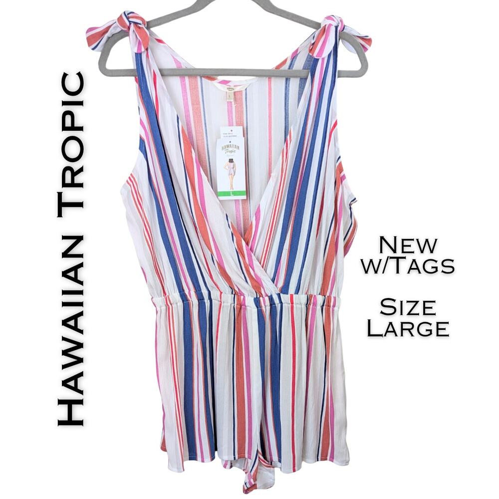 Hawaiian Tropic Romper Large Multicolor Striped Tie Shoulder V-Neck NEW